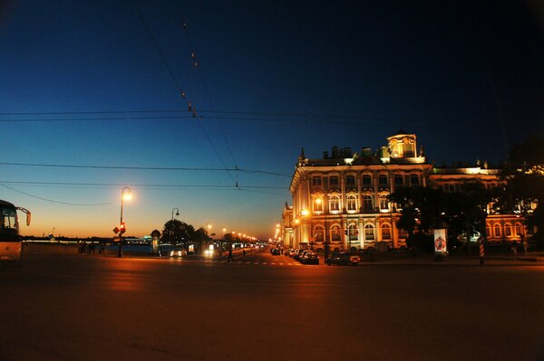 View of the night lights of the Hermitage in St. Petersburg