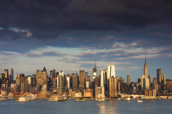 Tall skyscrapers of New York City from afar