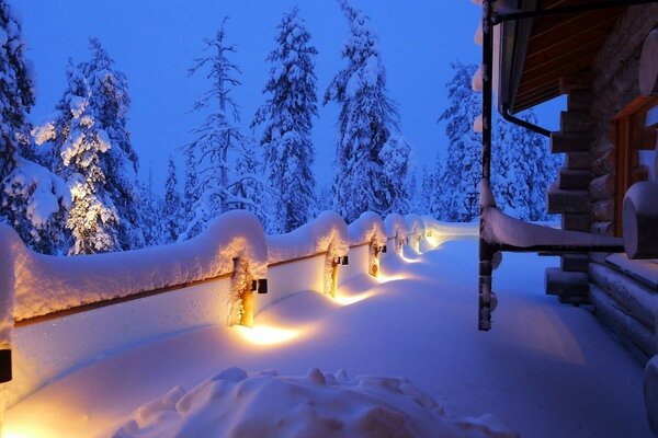 Wooden house covered with snow on the background of the forest