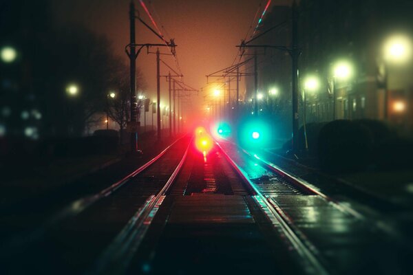 Rails in the dark with bright lights