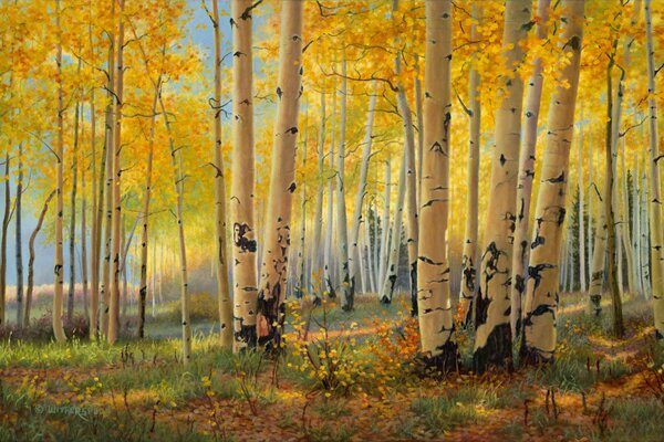 Painting with birches in an autumn grove