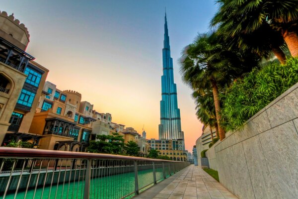 Burj Khalifa skyscraper in the evening in Dubai