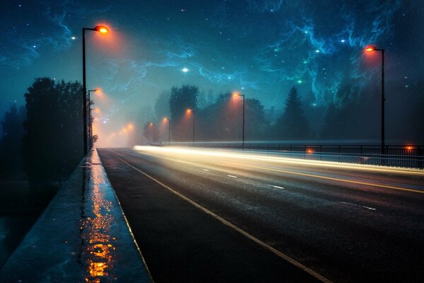 Beautiful night sky and long road