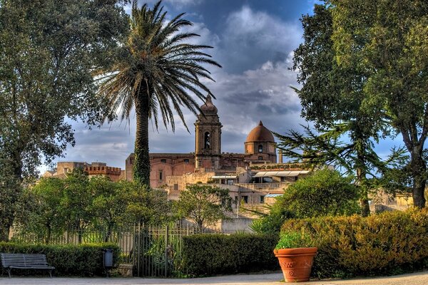 Benches and palm trees in living Italy