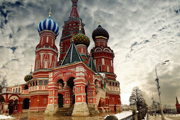 Cathedral on Red Square. Domes on a background of white clouds