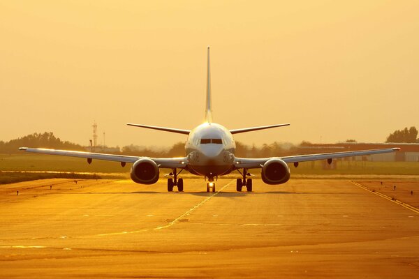 Boeing 737 sullo sfondo dorato del tramonto