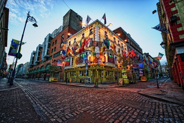 A bright crossroads in one of the cities of Ireland