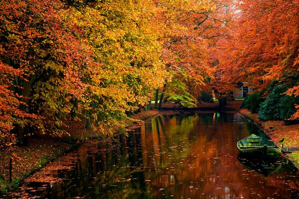 Der Fluss entlang des Herbstwaldes spiegelt die Farbe der Blätter wider