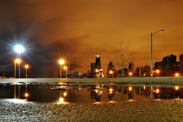 Reflection of the evening sleeping city