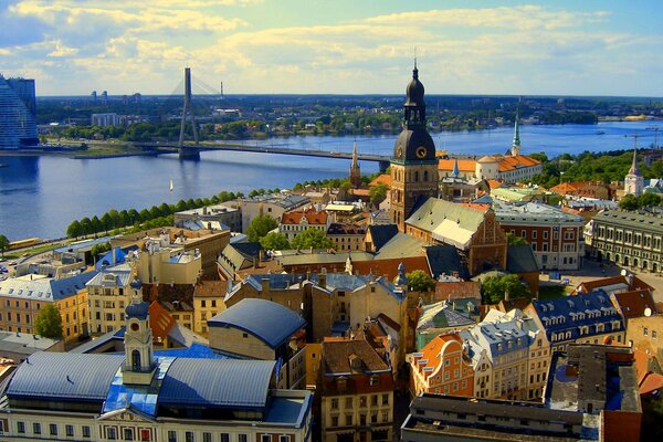 Un pedazo de Riga (Letonia) con casas, cielo y un puente sobre el río