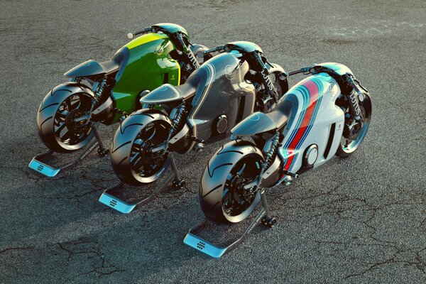 Motorcycles of the future on asphalt lotus