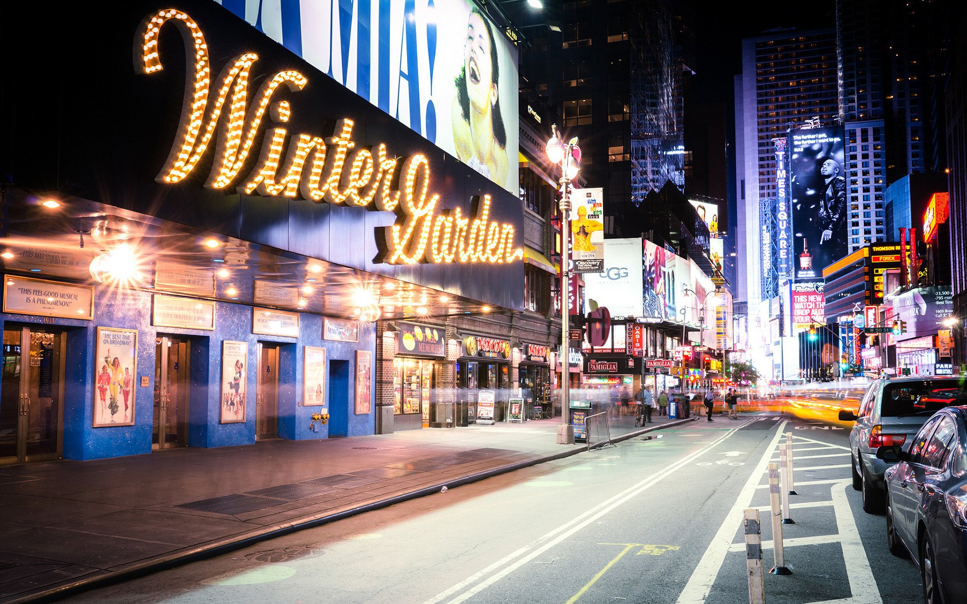 usa new york city wintergarten theater straße lichter schilder wolkenkratzer