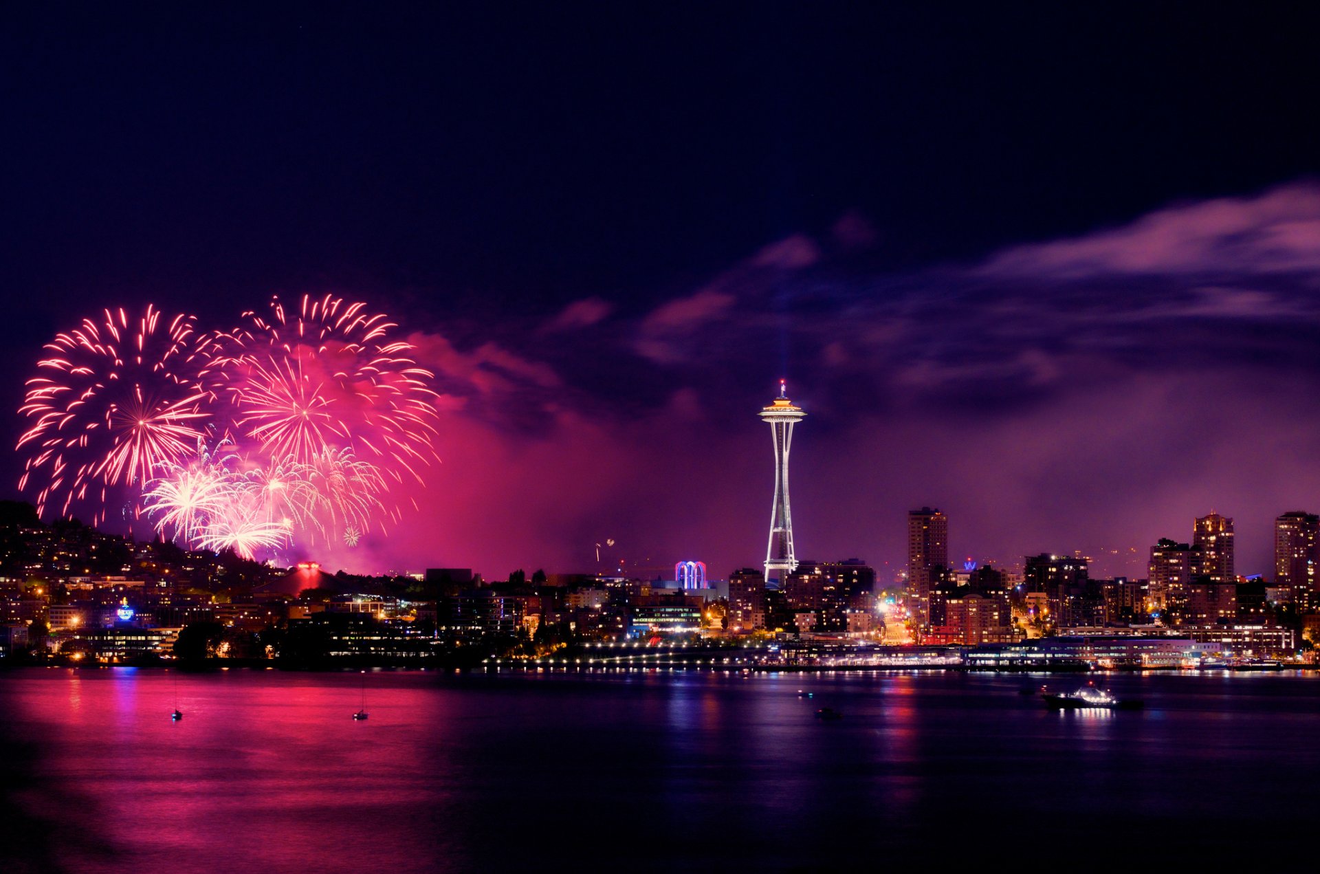 noche luces ciudad fuegos artificiales panoramma julio 4 seattle