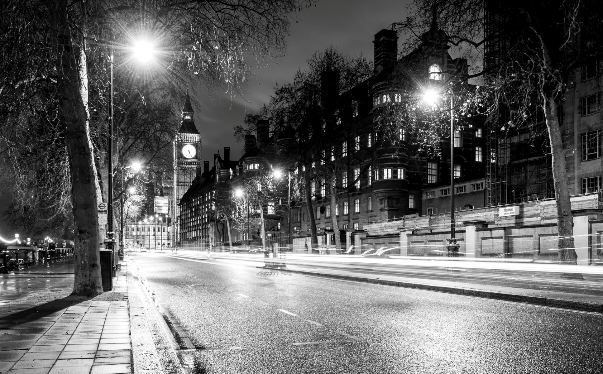 londres inglaterra reino unido big ben big ben ciudad noche camino exposición luz árboles linternas casas edificios arquitectura blanco y negro