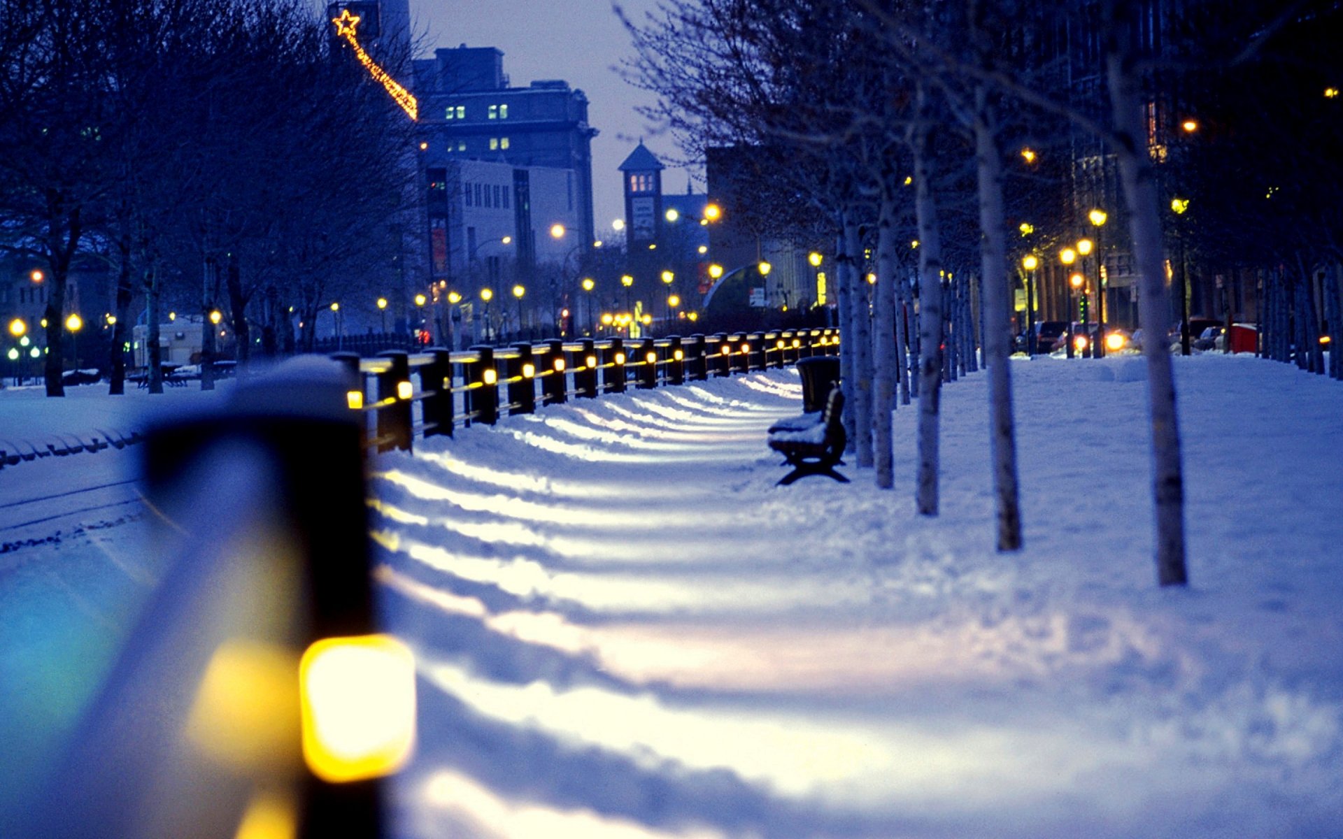 ciudad noche calle invierno nieve bancos linternas invierno