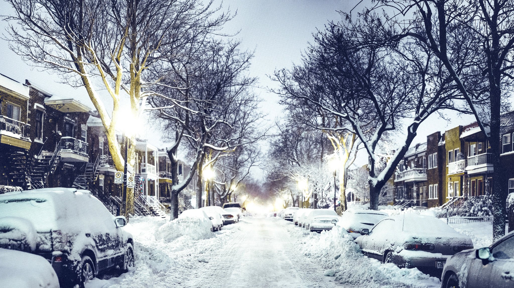 canada quebec città strada sera strada automobili case lanterne neve inverno