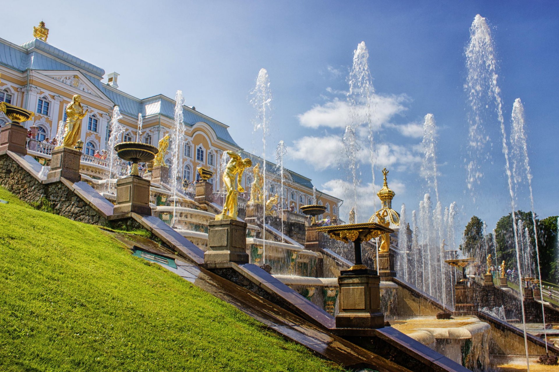 fuentes palacio peterhof rusia san petersburgo arquitectura cascada paisaje verano san petersburgo petrodvorets verano