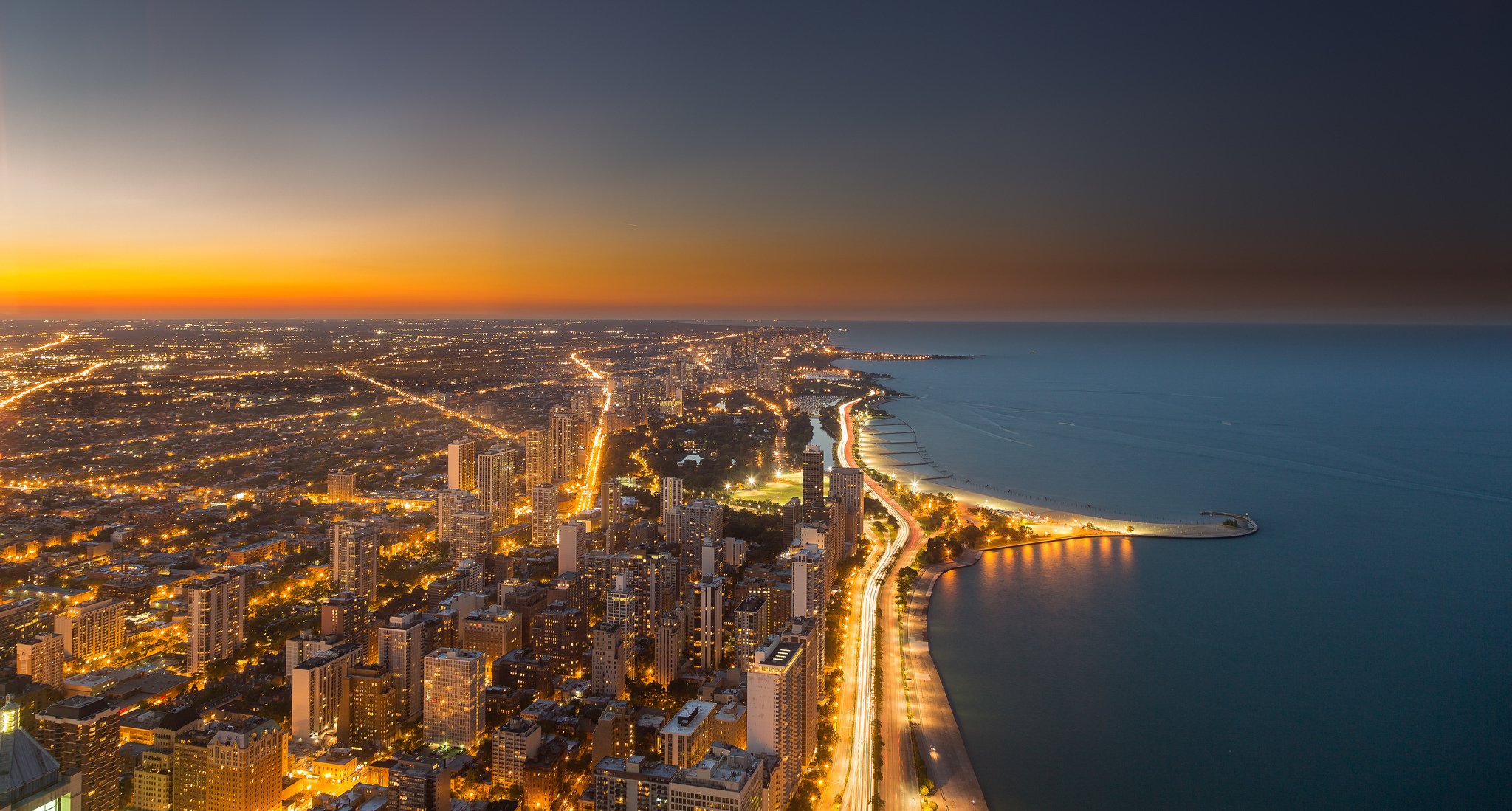 chicago illinois united states sunset town lights panoramma