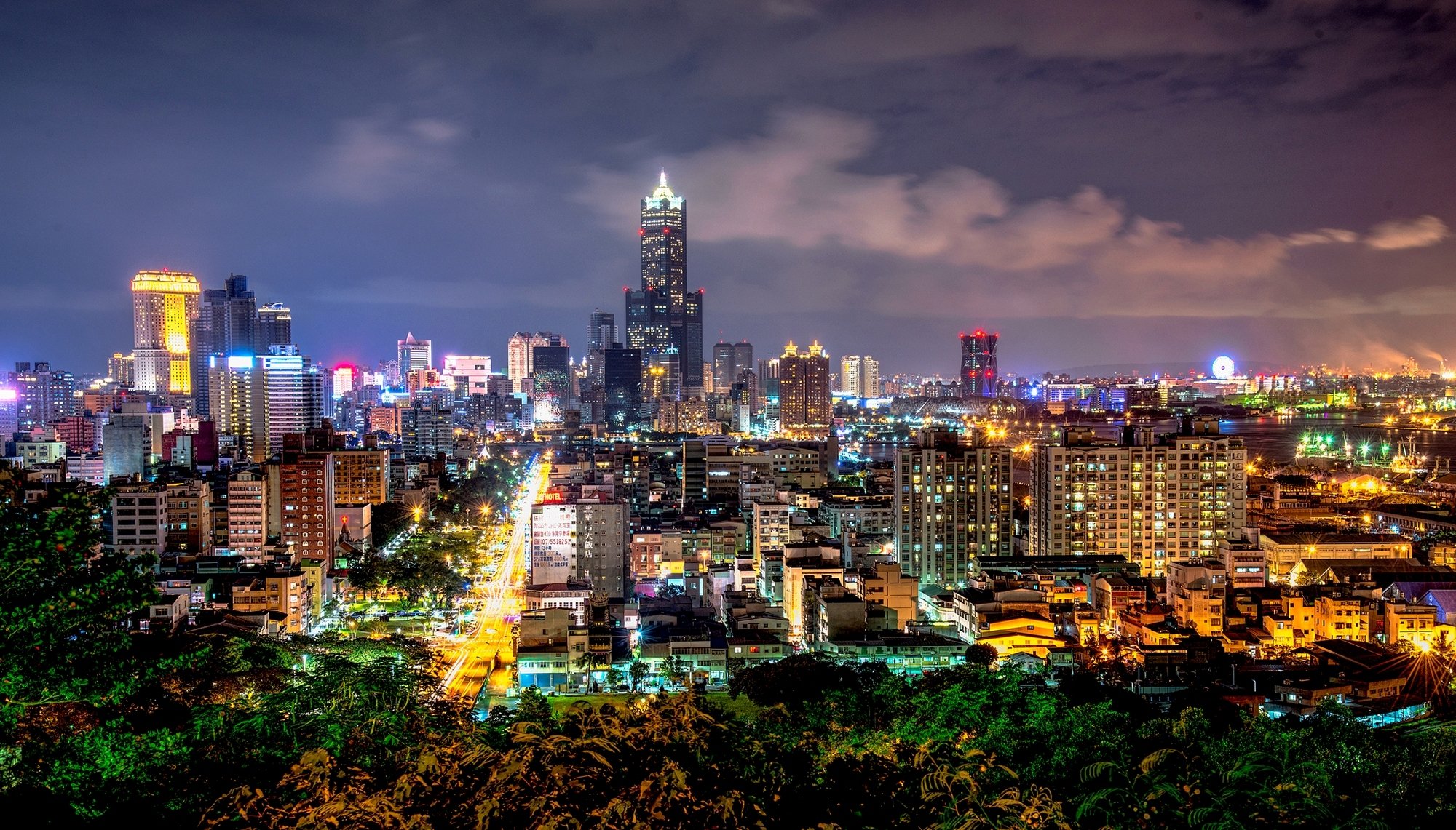 taiwan kaohsiung china republic of china town night house buildings skyscraper lights road light