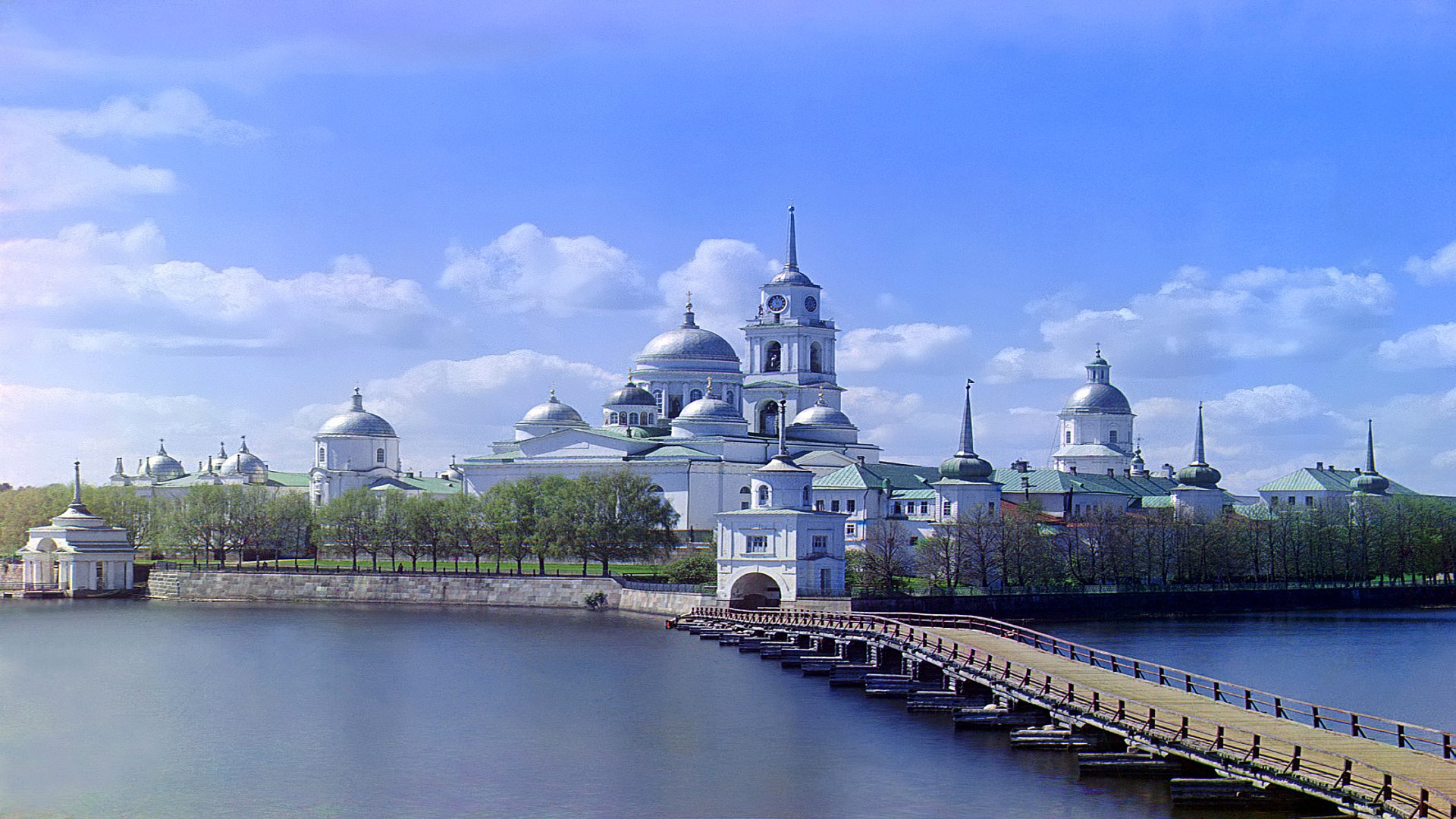 tver region nilov deserts stolobny island lake seliger sky river tree spring bell tower monastery cathedral dome bridge