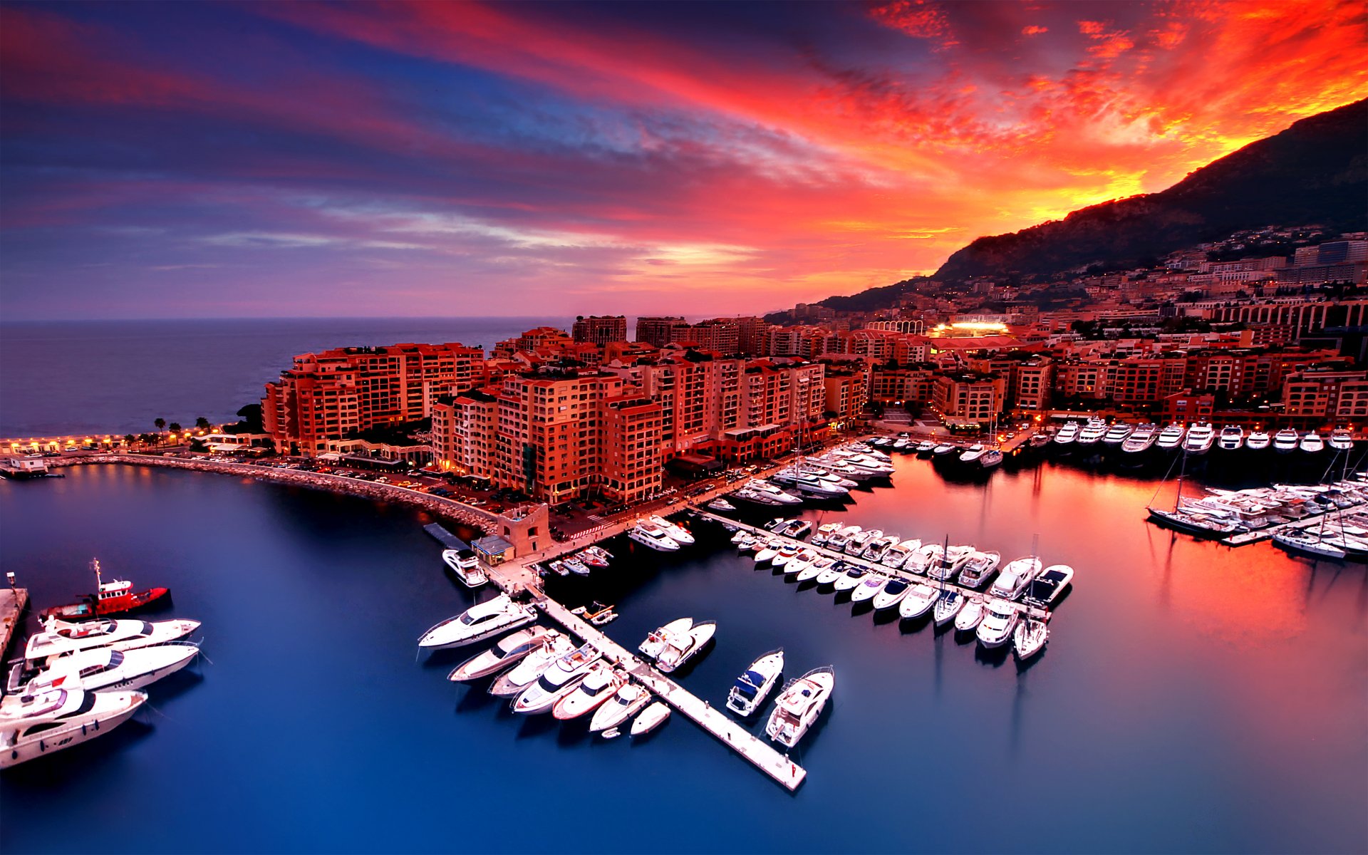 monaco aube ville maisons montagne yachts baie