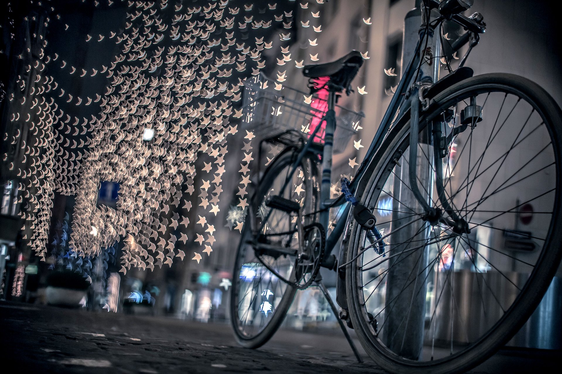 ciudad noche calle carretera bicicleta luces bokeh