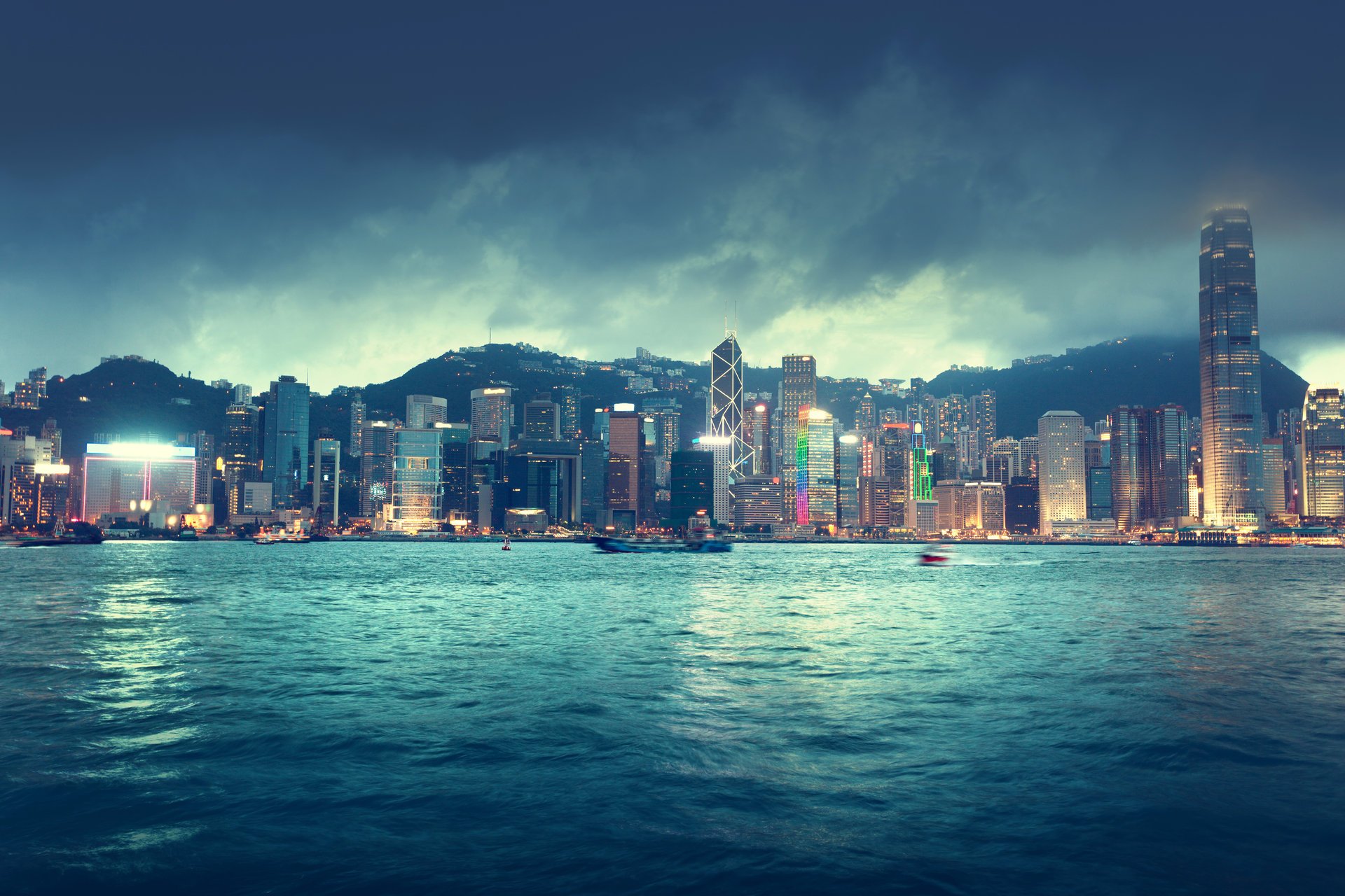 hong kong china city skyline sea river sky clouds night lanterns horizon ships buildings lights landscape beautiful