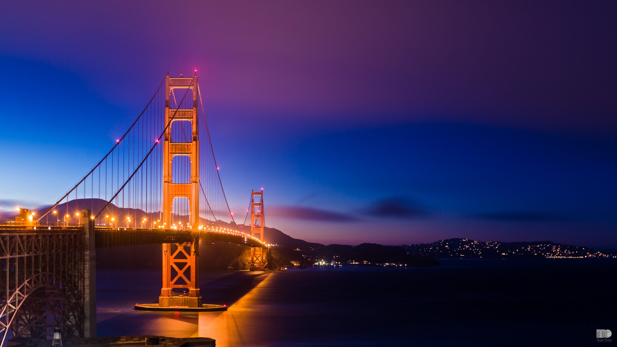 san francisco kalifornia usa most golden gate golden gate most podświetlenie oświetlenie światła noc niebieski fioletowy niebo