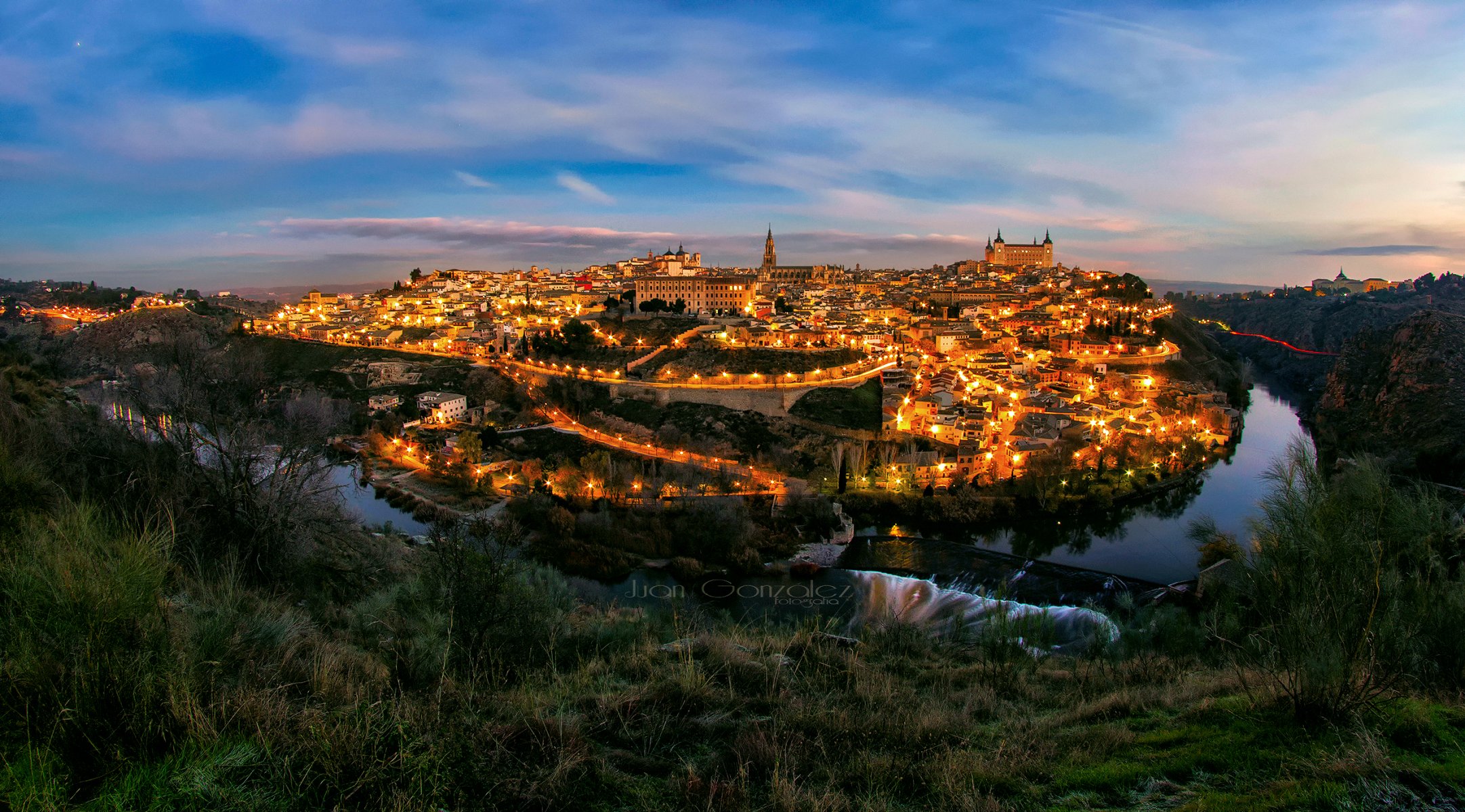 spanien stadt toledo fluss tahoe abend lichter