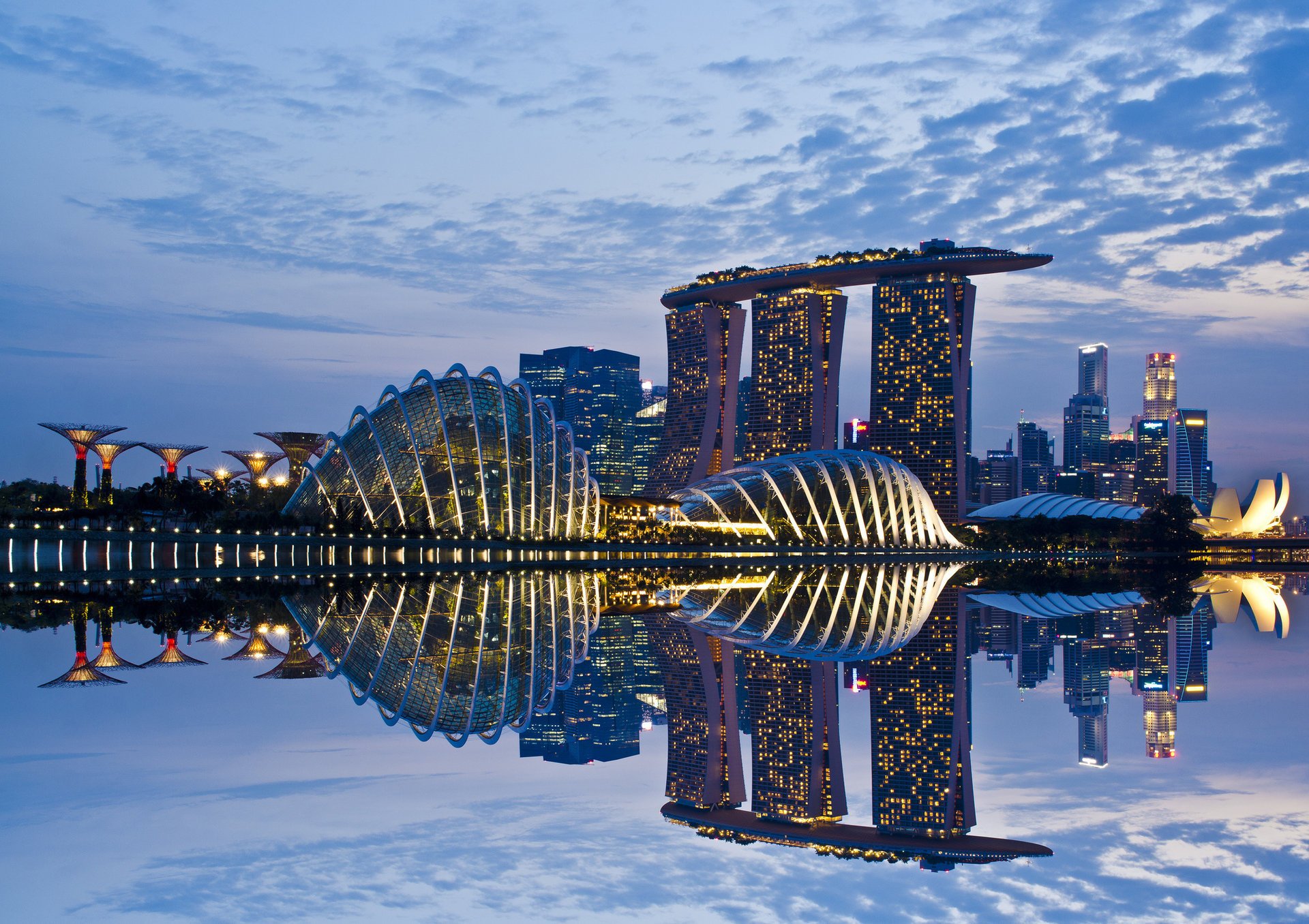 kyscrapers gardens by the bay evening singapore architecture reflection clouds light