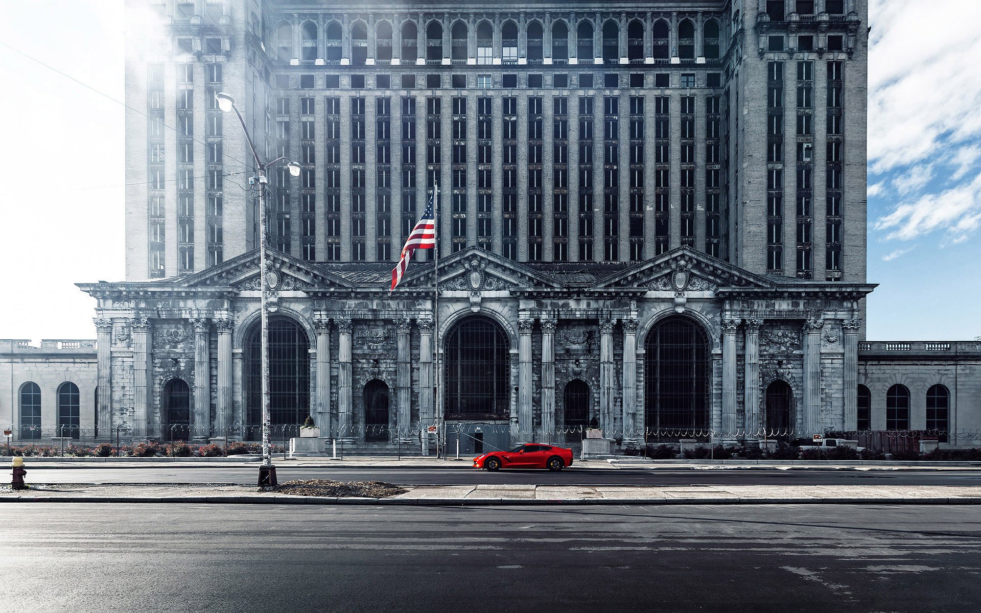 ciudad edificio américa estados unidos coche chevrolet corvette bandera webb fotografía suave