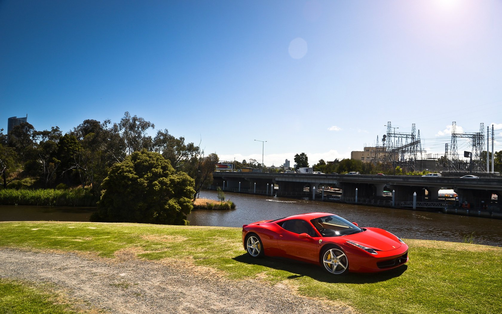 458 italia ferrari bridge red ferrari trees italy