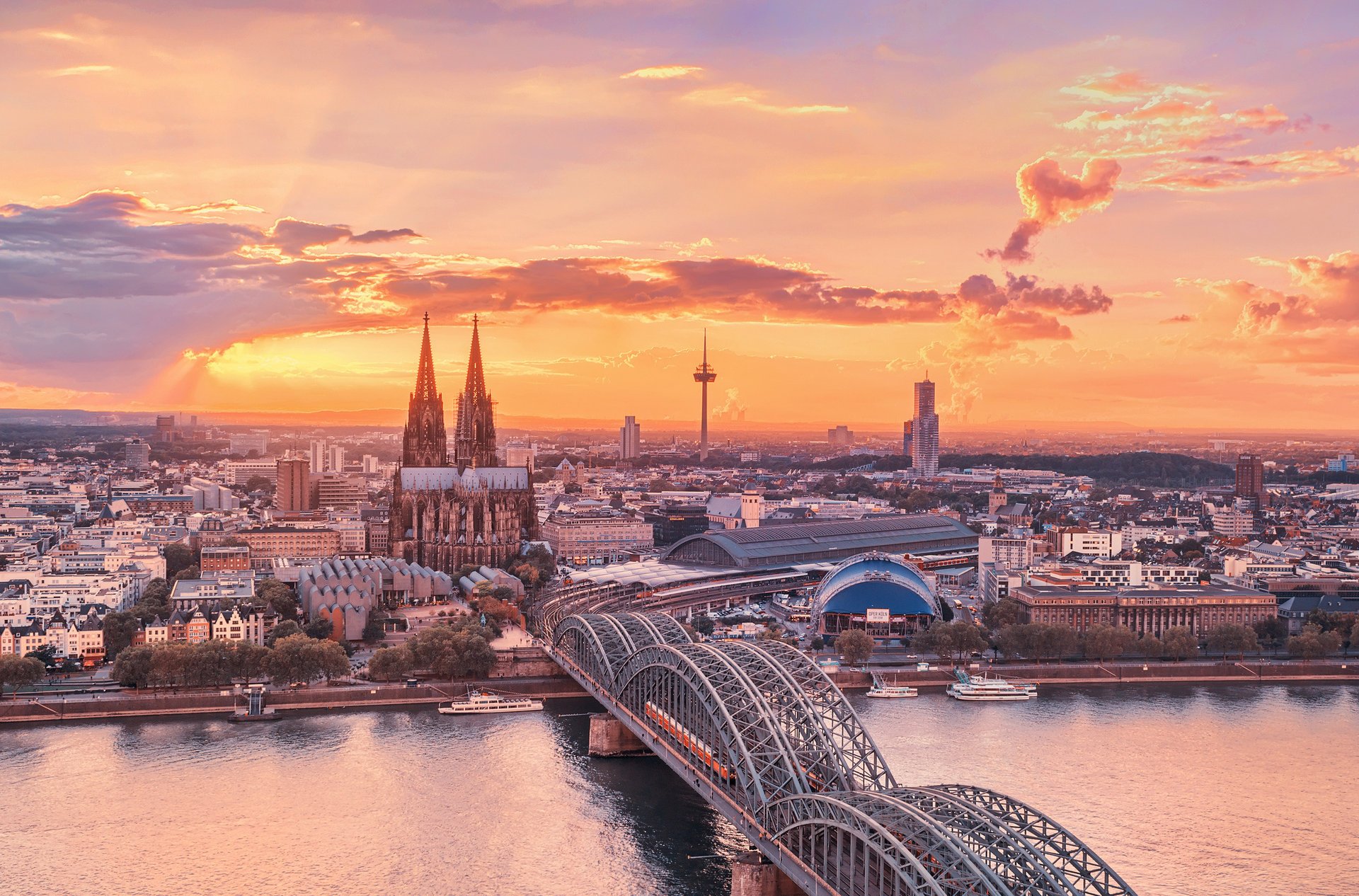 colonia tramonto cielo città germania ponte fiume reno