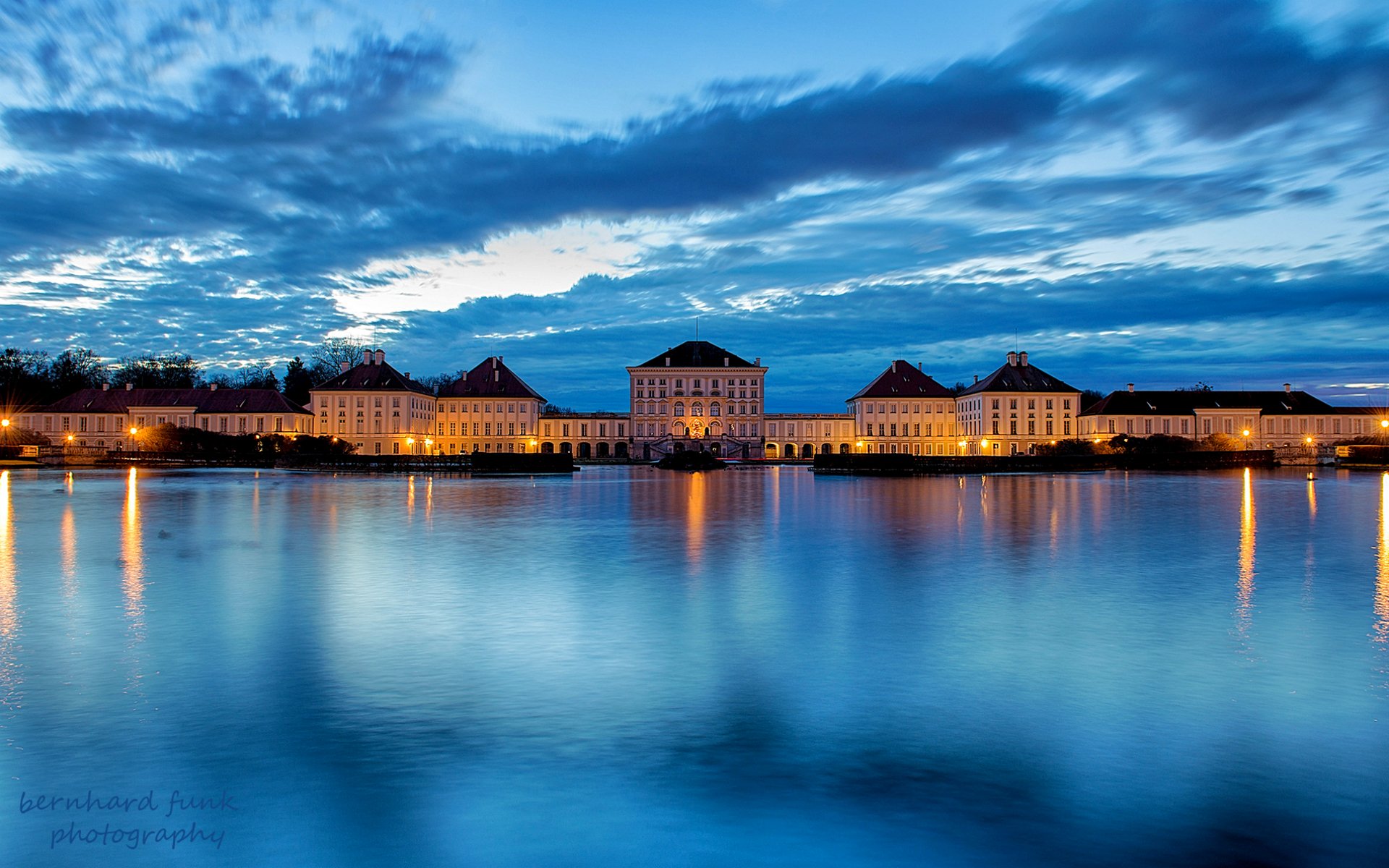 germany bayern munich munich town river castle palace nymphenburg palace lights lighting light night blue sky cloud