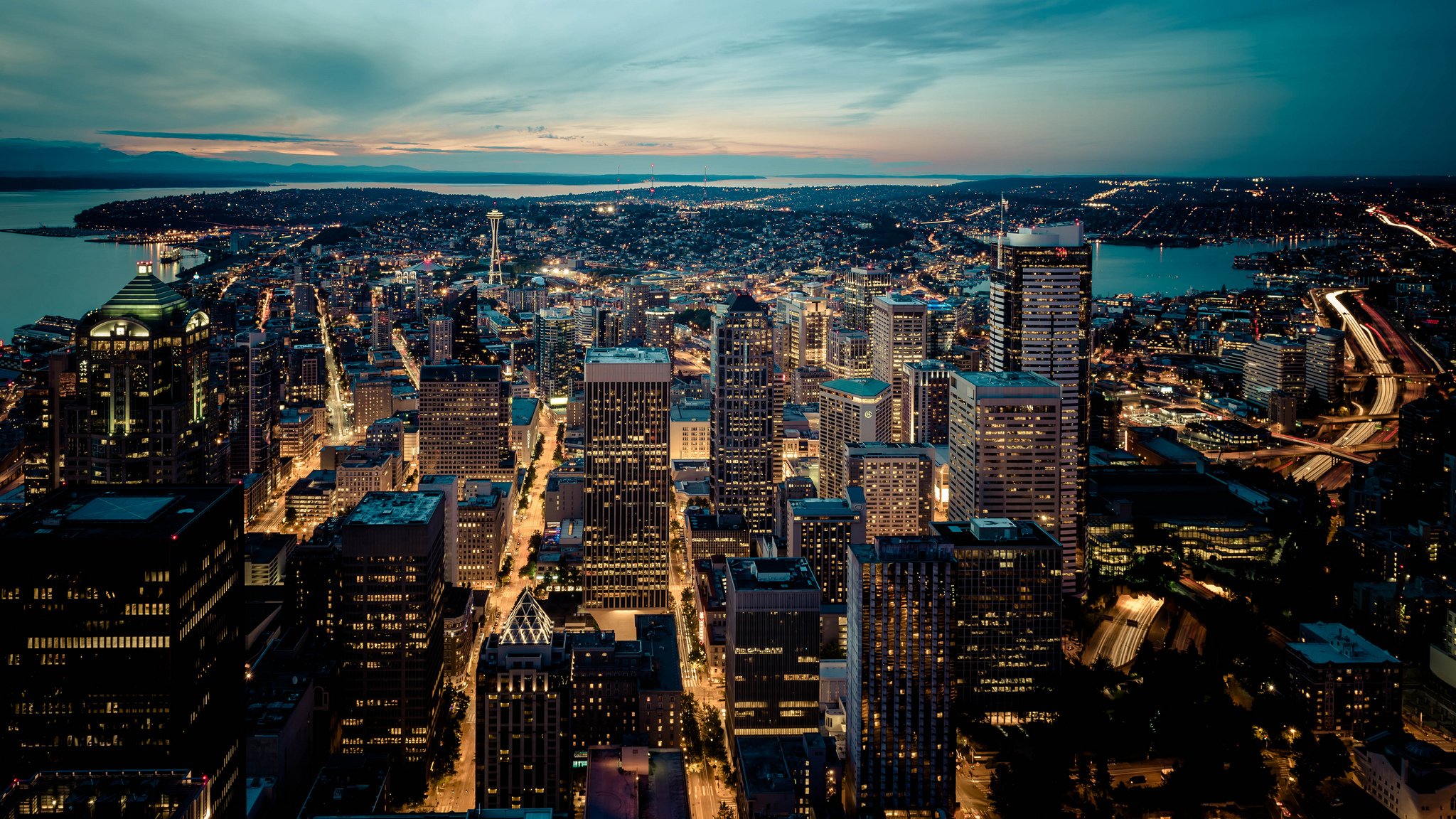 seattle skyline stadt abend zuhause fluss