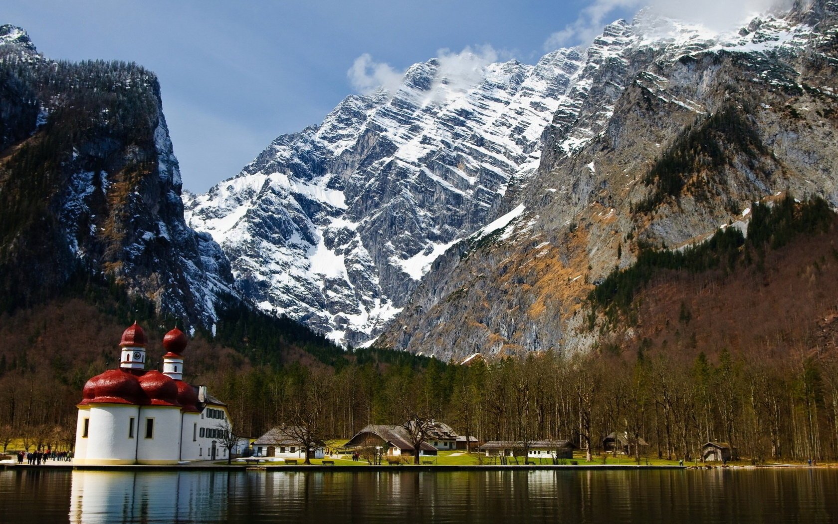 the monastery snow home forest lake mountain