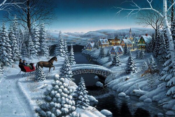 Winter painting. Horse and sleigh