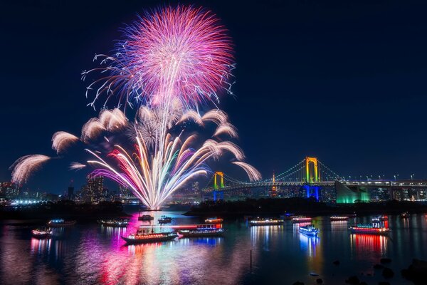 Noche de fuegos artificiales festivos en Tokio