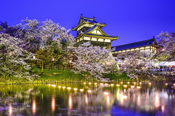 Castillo en Japón. Reflejo de las luces en el agua