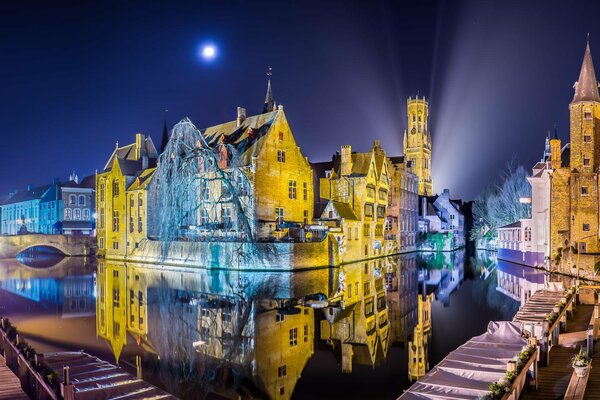 Panorama of Bruges night Belgium