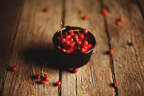 Bacche rosse in una ciotola nera su un tavolo di legno