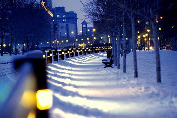 Calle nocturna de nieve de invierno