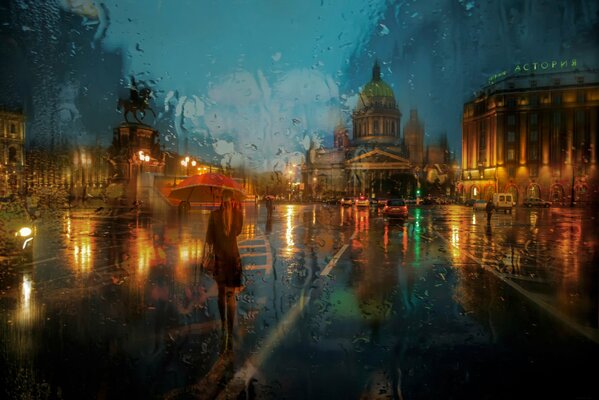 Картина исаакиевской площади в дождь