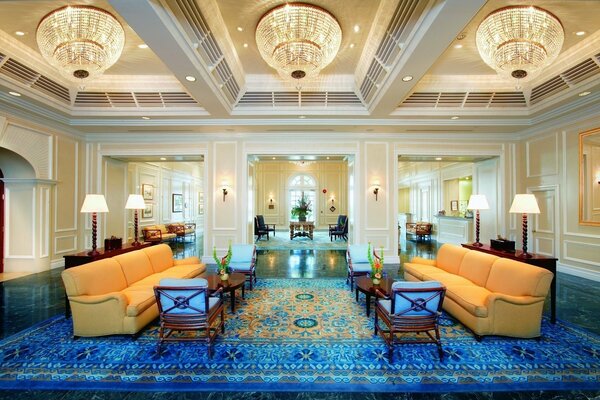 Yellow sofas in a room with a cool interior