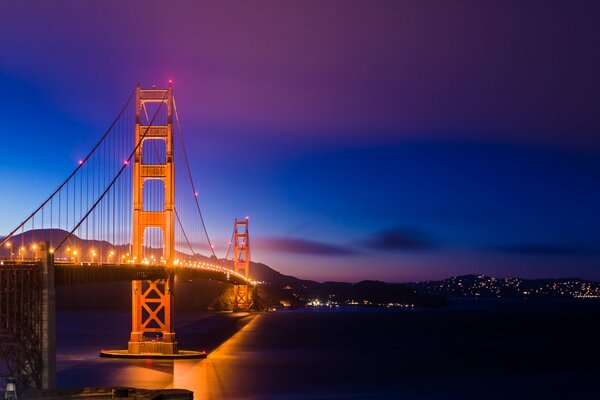Night illumination of the Golden Gate Bridge in San Francisco