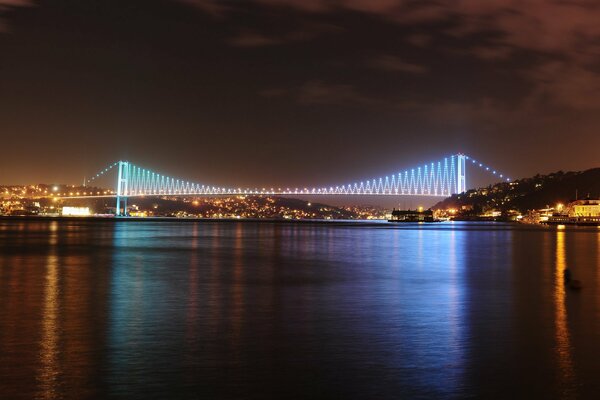 Bosphorus cue bridge over the Marmara Sea at night