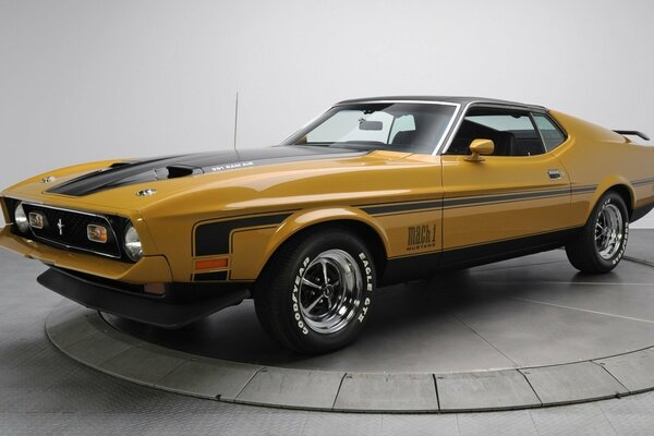 A yellow Ford Mustang is on display