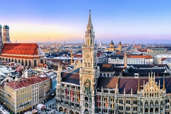 Panorama of Munich with majestic architecture against the blue sky