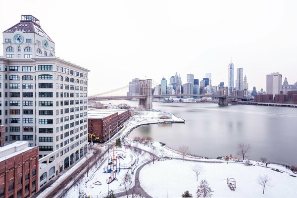 America, New York, grattacieli, ponte, neve, inverno