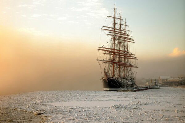 The sailboat bark Sedov is moored in January St. Petersburg